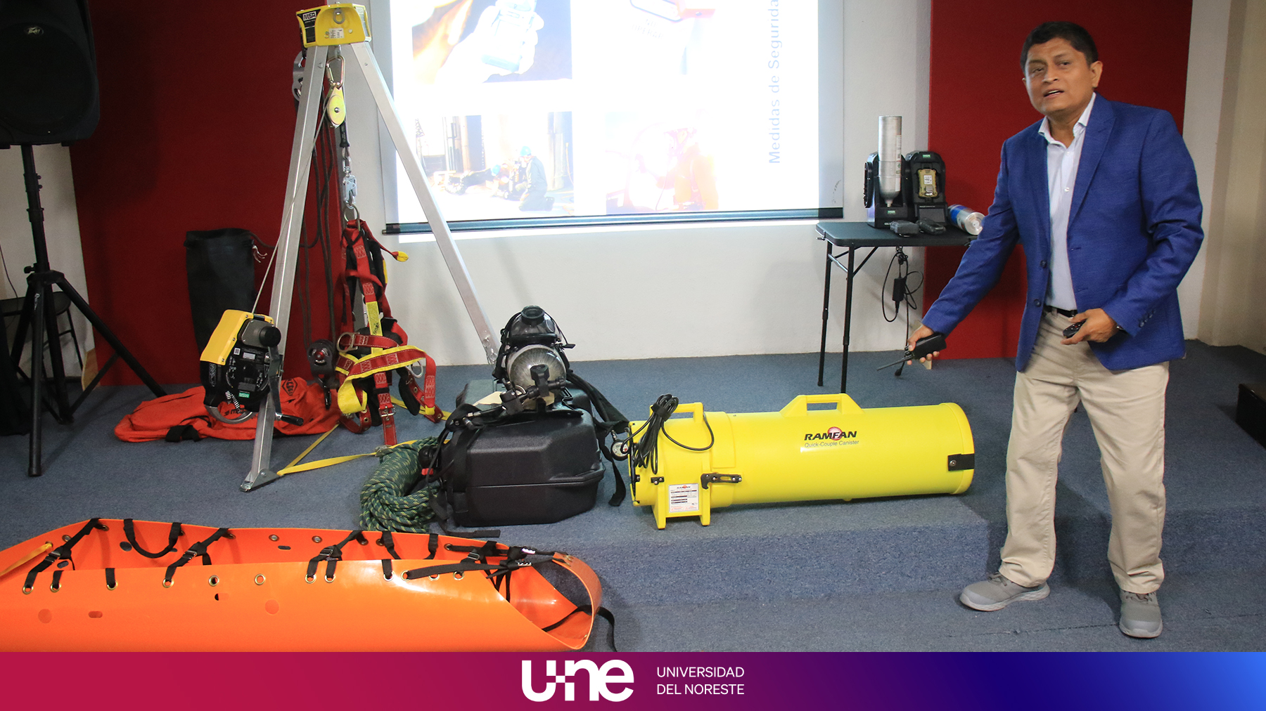 University of New England students receive a conference on equipment needed for a confined space rescue plan